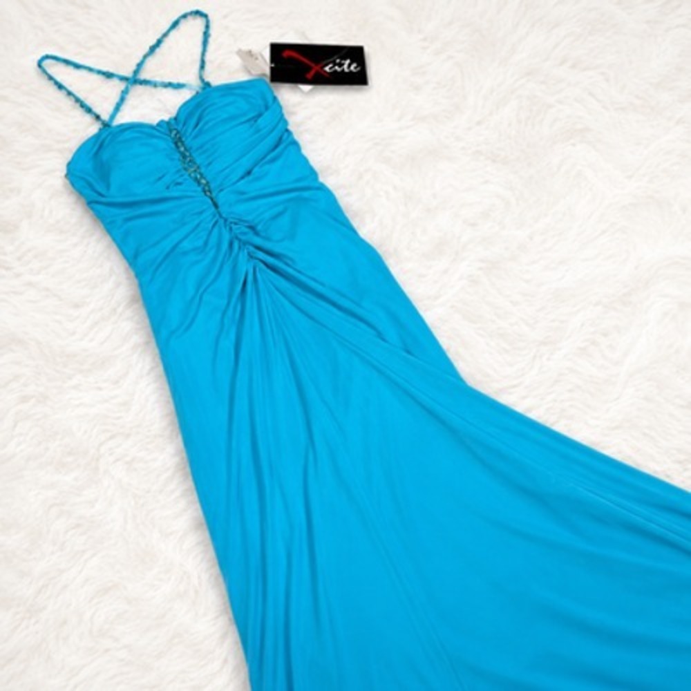 Xcite Prom Dress 12 Blue Beaded Ruched Sweetheart Mermaid Gown Chiffon MSRP $279